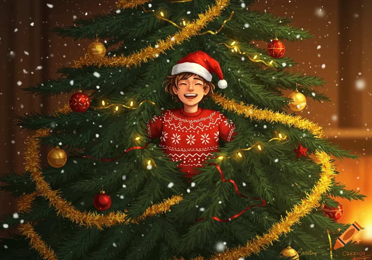 A cheerful cartoon child in a Santa hat and red sweater smiles from inside a decorated Christmas tree with lights and ornaments, with snow falling.