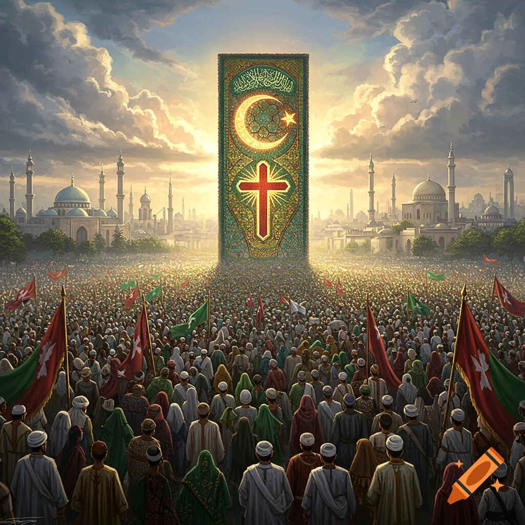 Vast crowd gathers before a towering banner with a crescent moon and star above a cross, set against a cityscape with mosques at sunset.