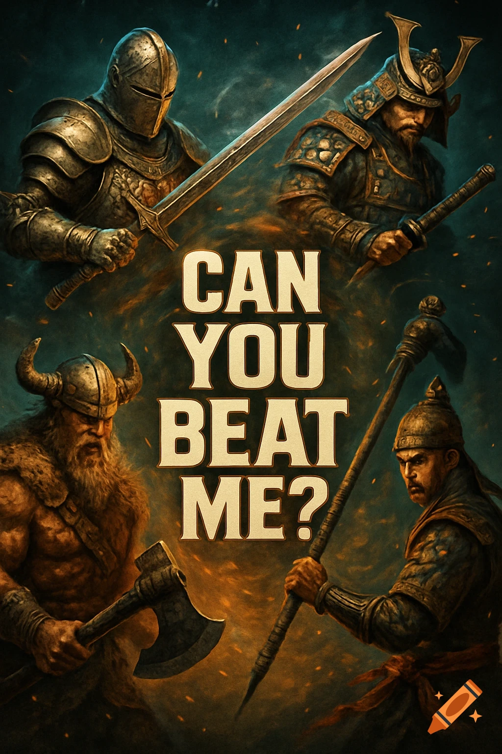 A digital painting of four warriors (knight, samurai, viking, and an eastern warrior) with weapons surrounding the text 'CAN YOU BEAT ME?'.