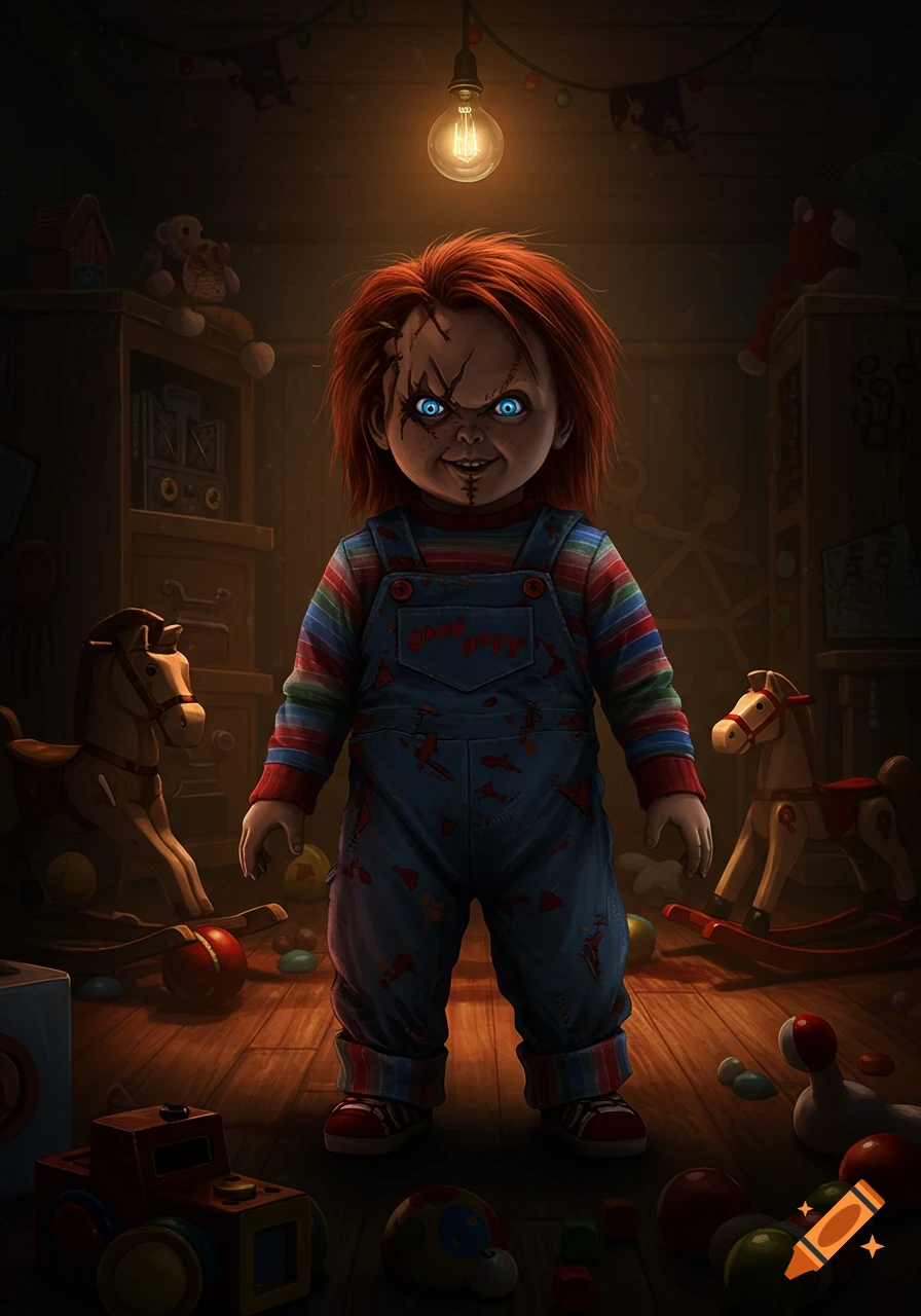 A creepy Chucky doll with glowing blue eyes, scars, red hair, a striped shirt, and blood-splattered overalls stands in a dimly lit room filled with toys under a single bare lightbulb.