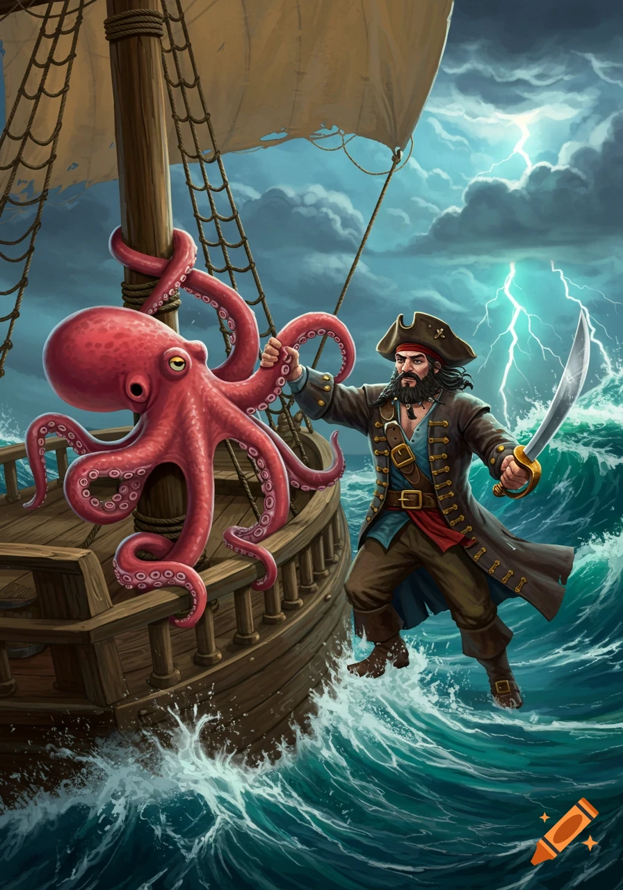 A pirate with a sword battles a large red octopus on a wooden ship in a ...