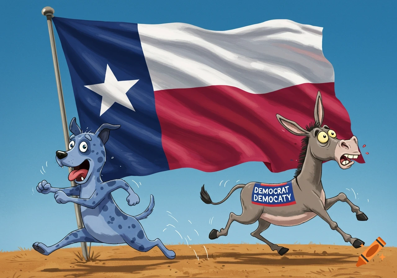 A blue spotted cartoon dog chases a panicked donkey with 'DEMOCRAT DEMOCATY' on its side, in front of a Texas flag.