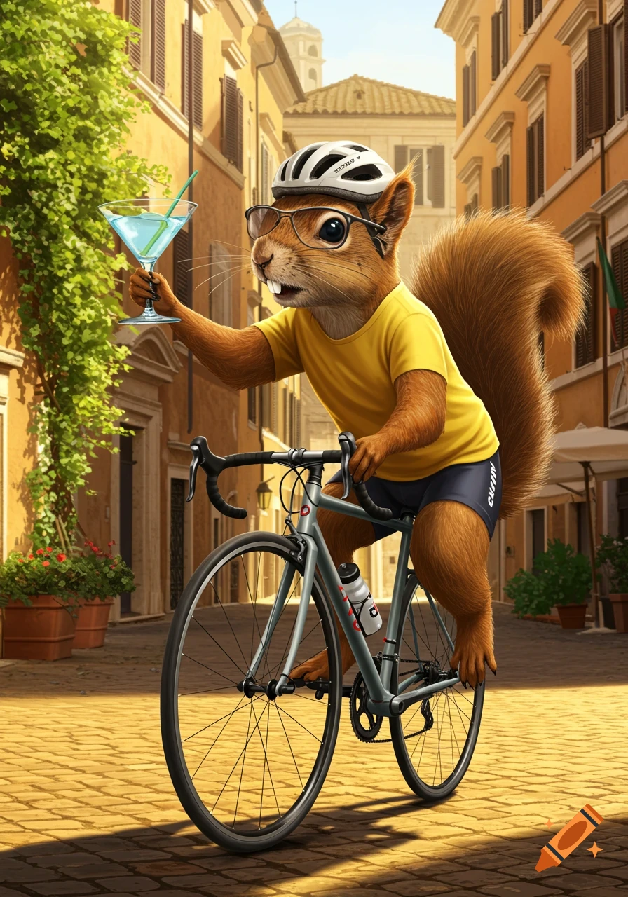 An anthropomorphic squirrel in cycling gear and sunglasses rides a bicycle, holding a martini glass on a sunny Roman street.