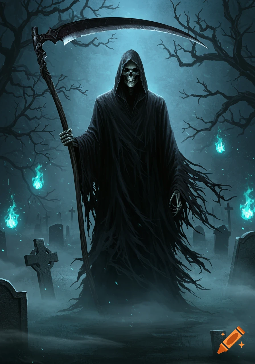 A dark, hooded Grim Reaper with a skeletal face stands in a foggy, eerie cemetery at night, holding a large scythe.
