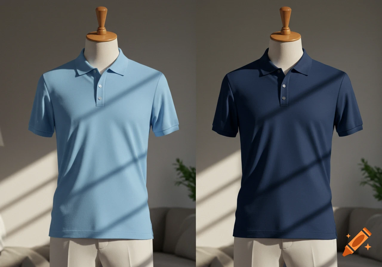 Two mannequins display light blue and navy short-sleeve polo shirts with light pants in a sunlit room.