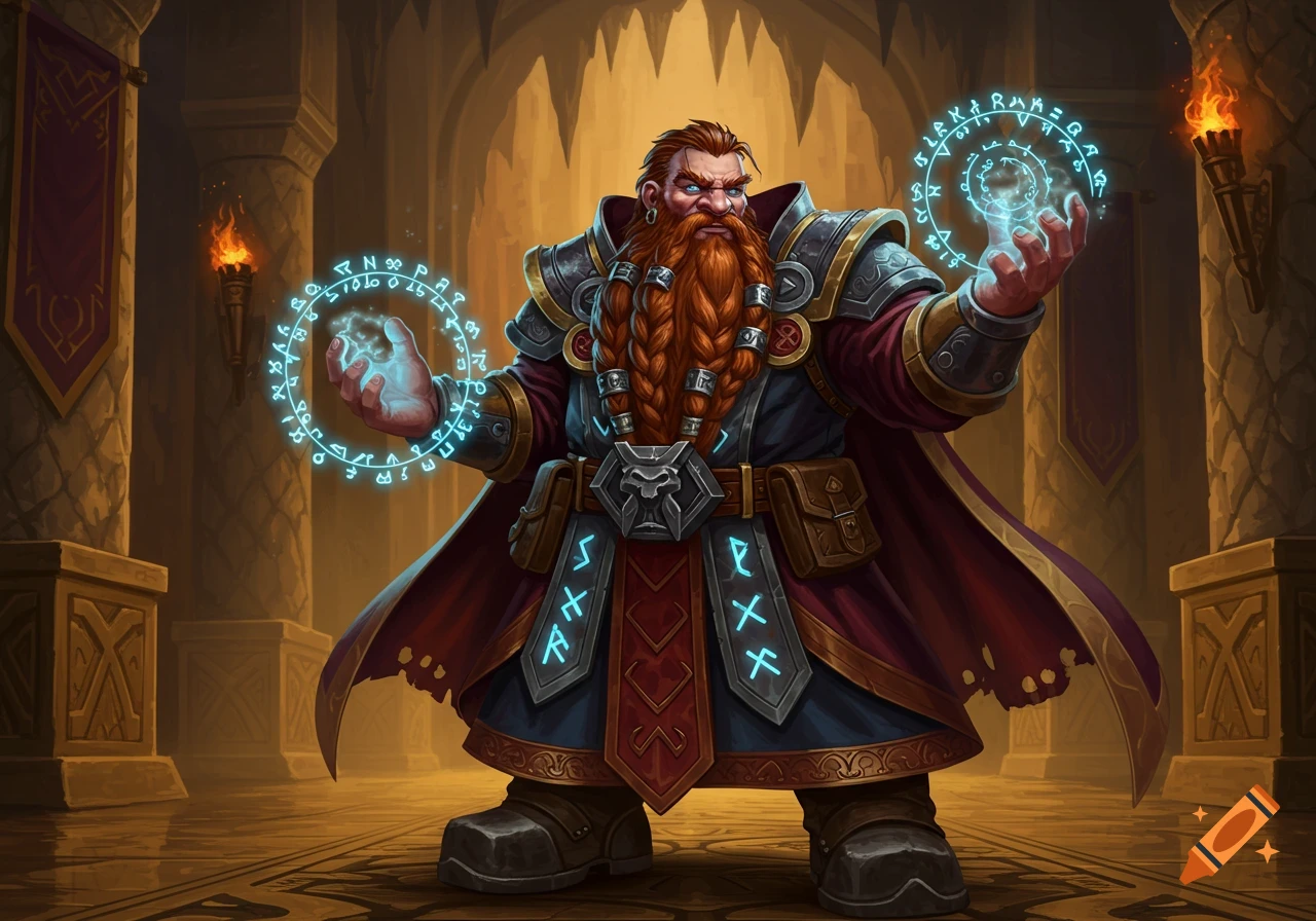 A stylized fantasy illustration of a bearded dwarf sorcerer in armor and robes, conjuring glowing blue magic circles with runes in a torchlit dungeon.