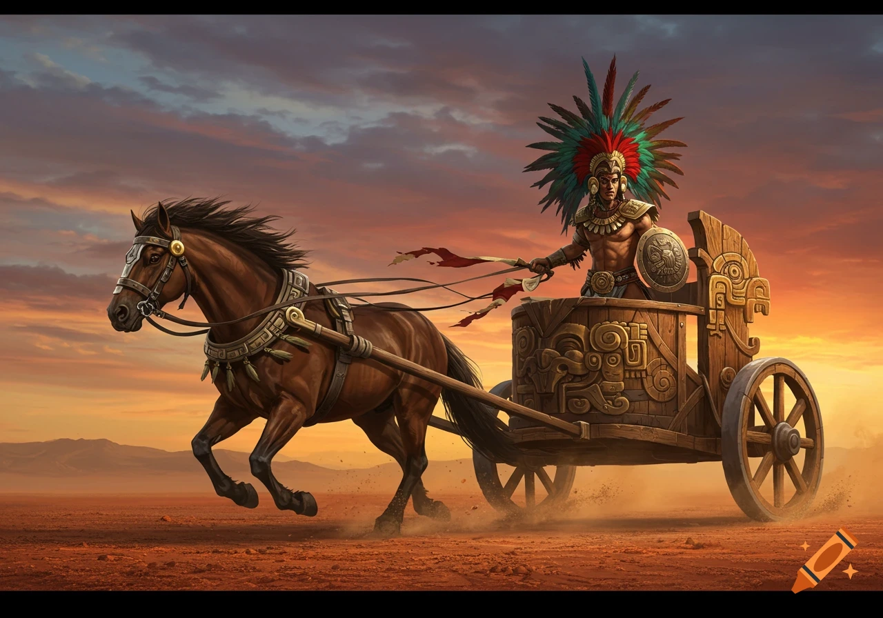 An Aztec warrior in a feathered headdress rides a wooden chariot pulled by a brown horse across a desert at sunset.