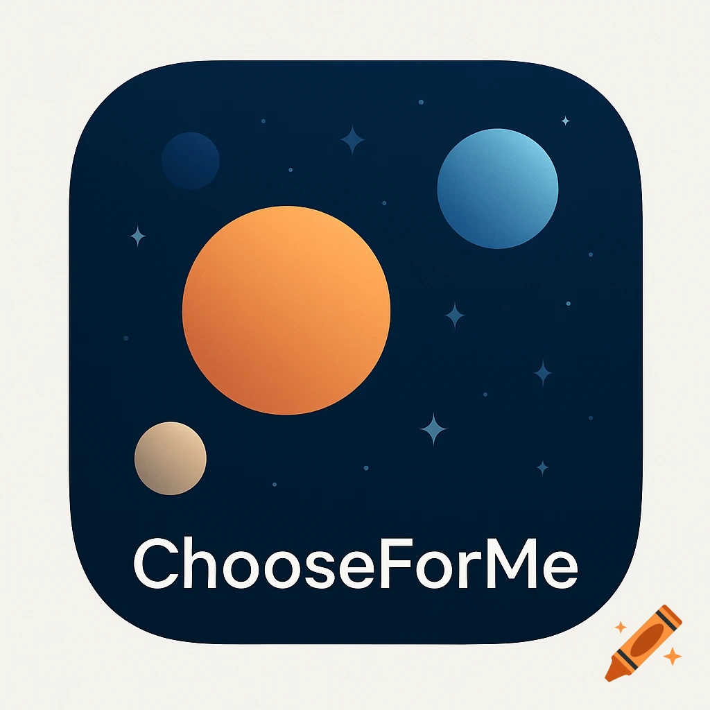 A dark blue app icon featuring an orange, blue, and light brown planet with stars, and the text ChooseForMe.