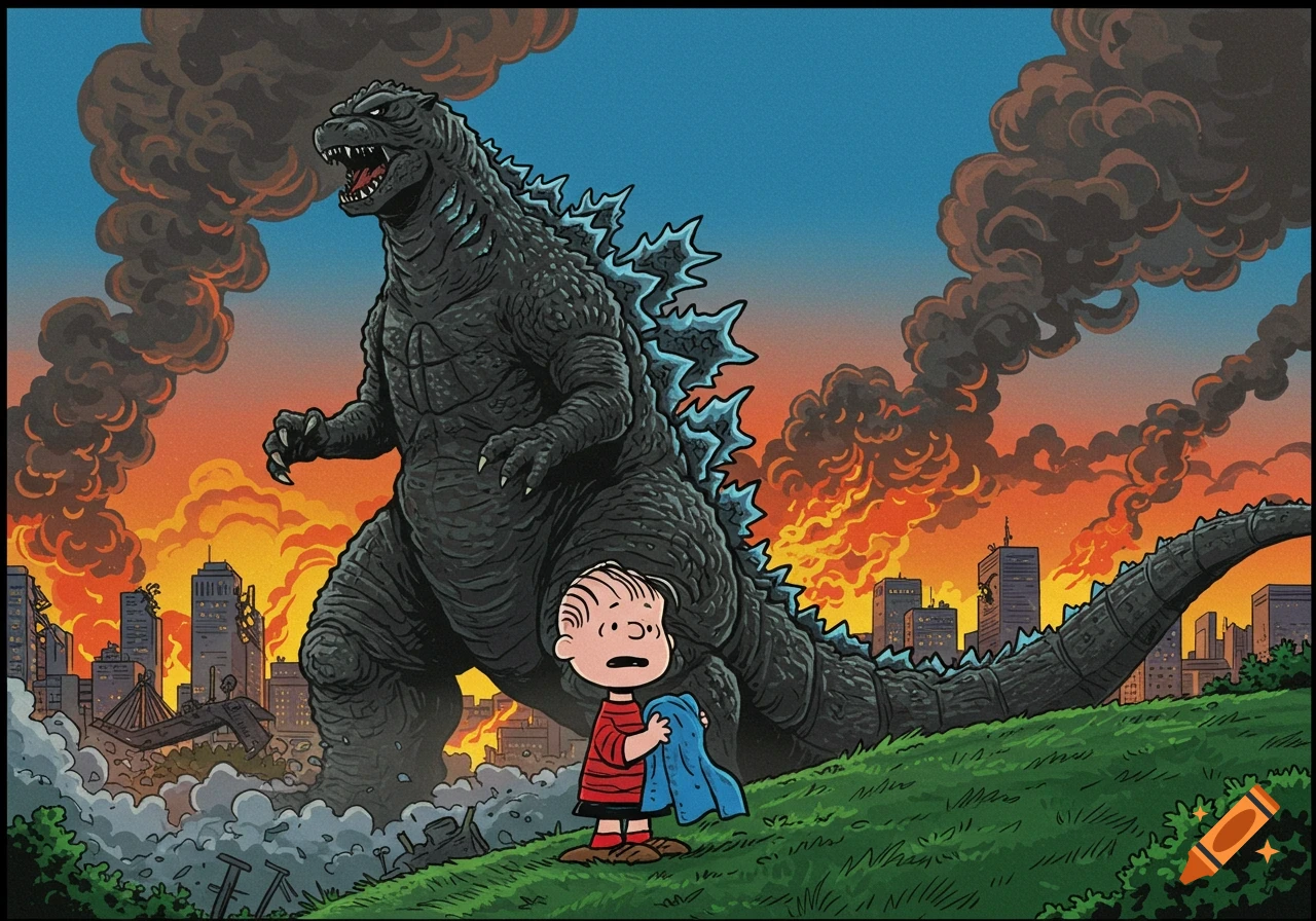 Cartoon of Godzilla towering over a burning city with Linus from Peanuts holding his blanket in the foreground.