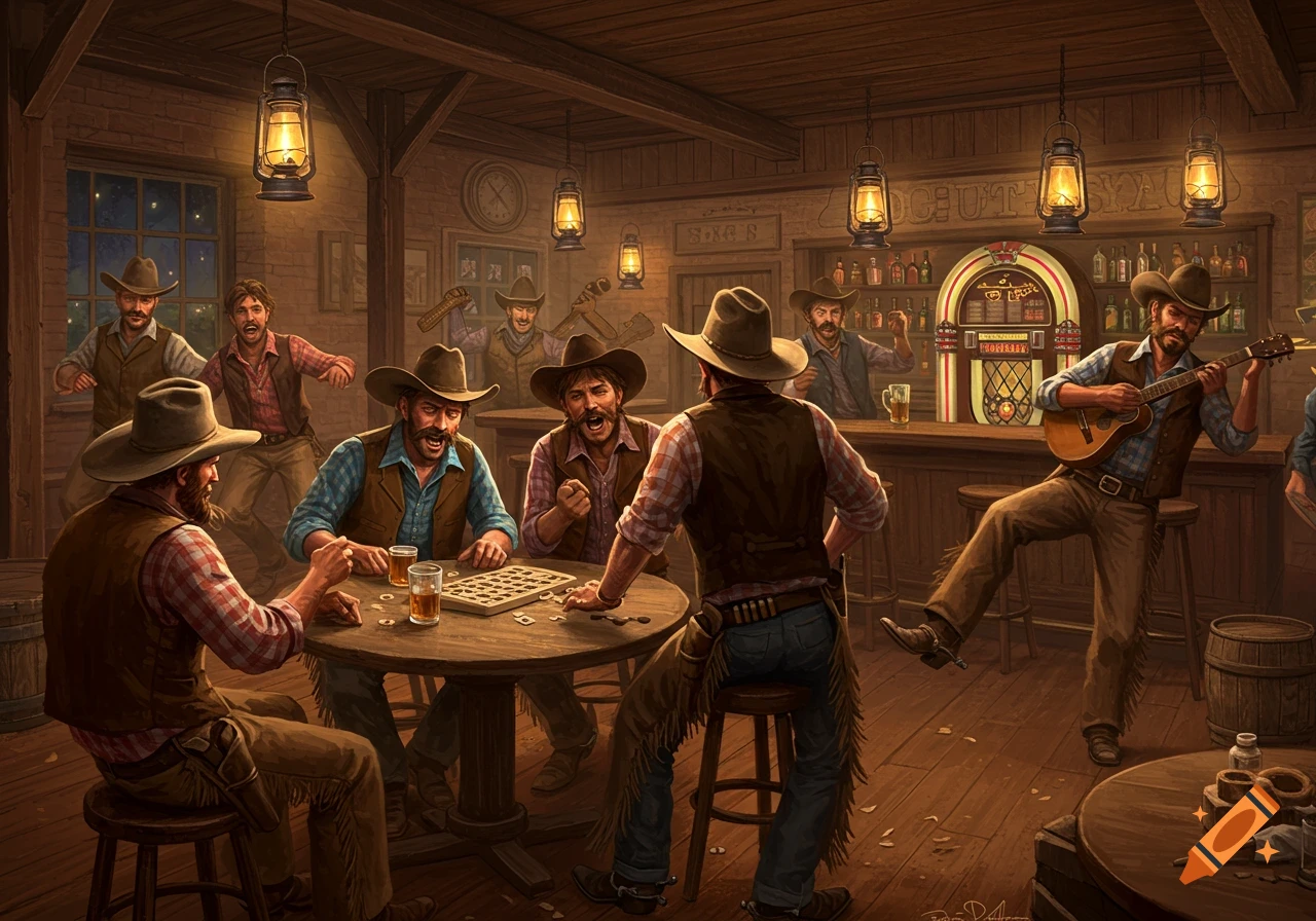 A group of cowboys in a lively saloon. Some are playing a board game at a table, others are drinking, and one cowboy is playing a guitar.