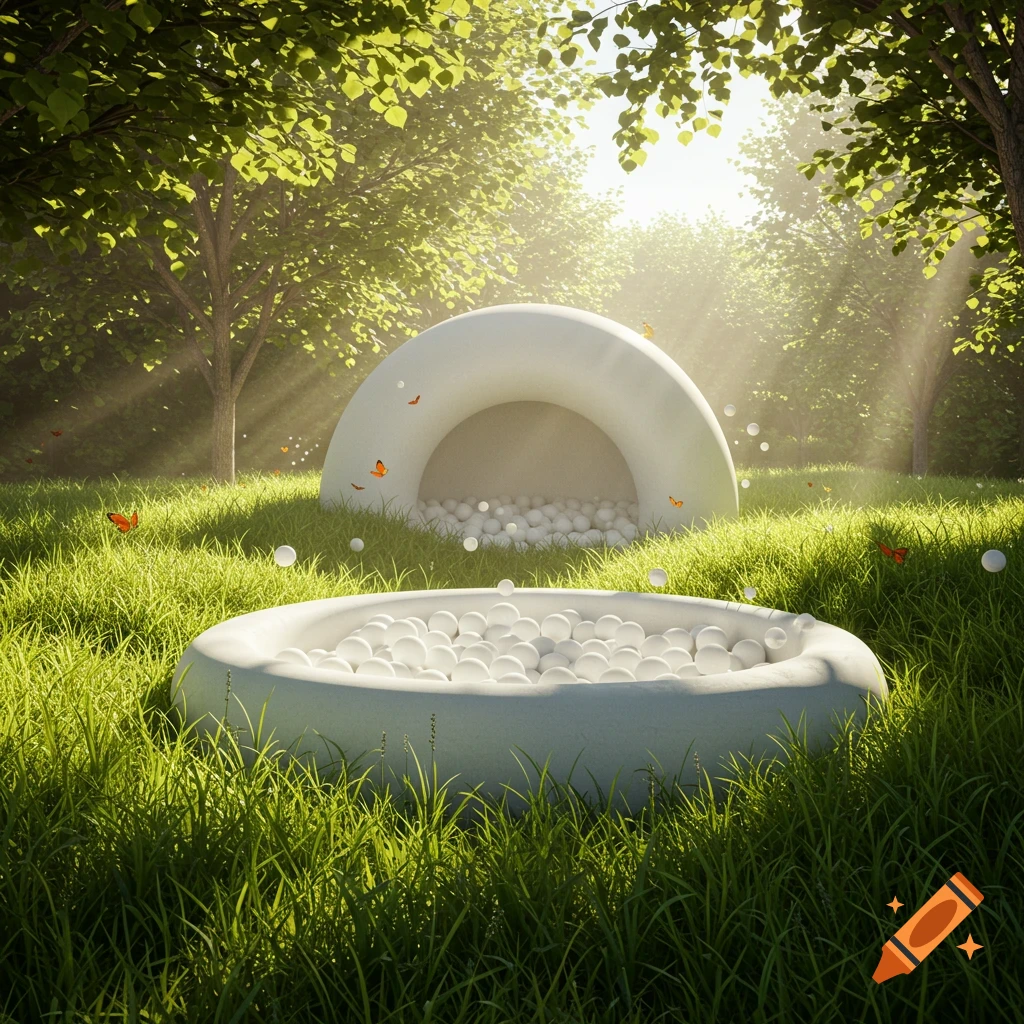 Photorealistic image of two white ball pits in a sun-drenched forest clearing with lush green grass and orange butterflies.