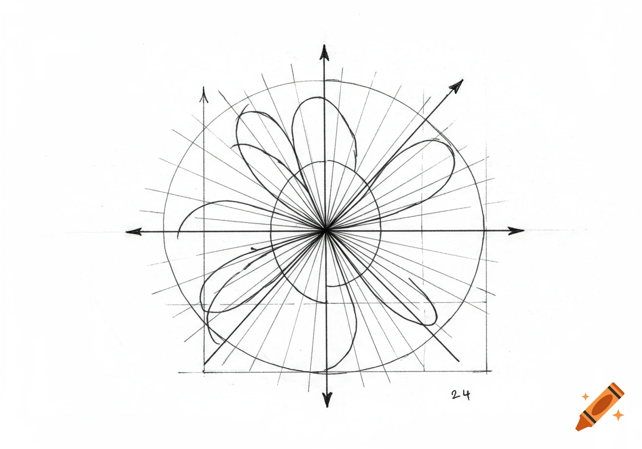 A black and white hand-drawn sketch of a mathematical diagram with a central origin, radiating lines, axes, a circle, and eight petal-like loops.
