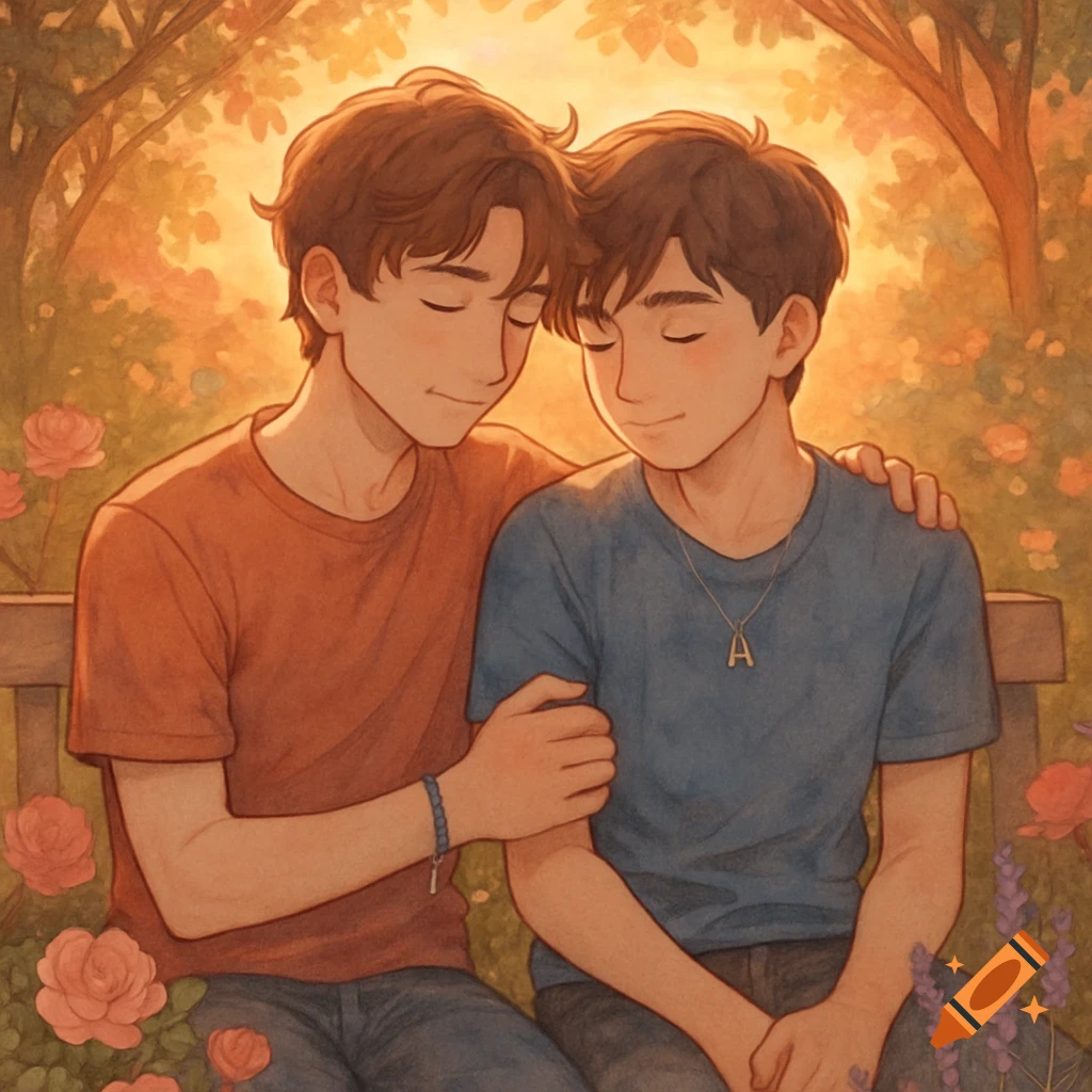Two young men embrace on a bench in a blooming garden at sunset, in a warm, illustrative style. One wears a necklace with an 'A' pendant.