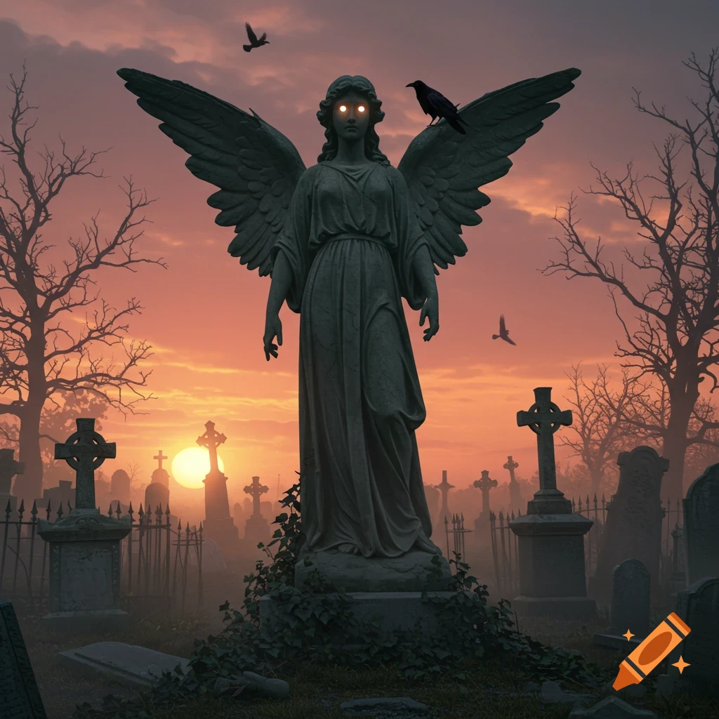 An eerie stone angel statue with glowing eyes in a cemetery at sunset, with a crow on its wing and bare trees.