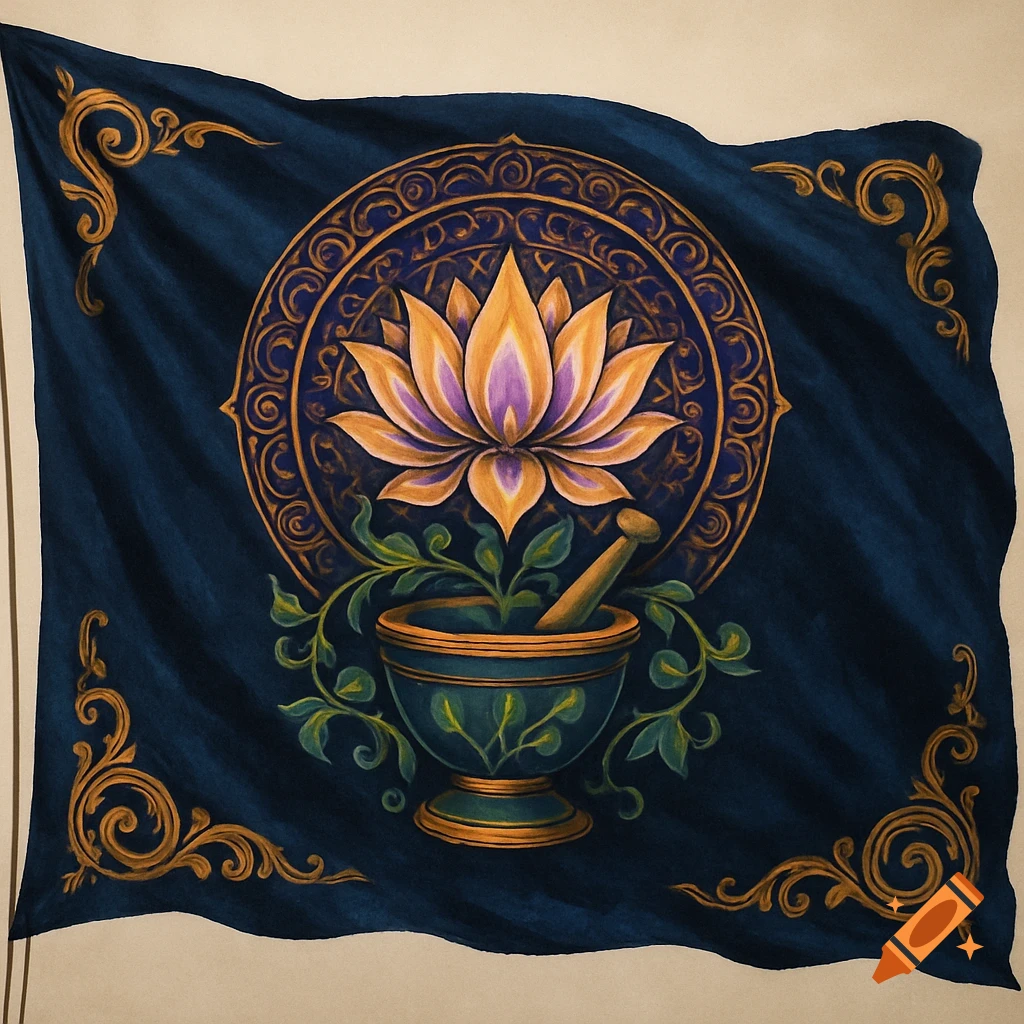 A dark blue flag with a central golden and purple lotus flower growing out of a teal mortar with a pestle, surrounded by green vines and ornate gold scrollwork.