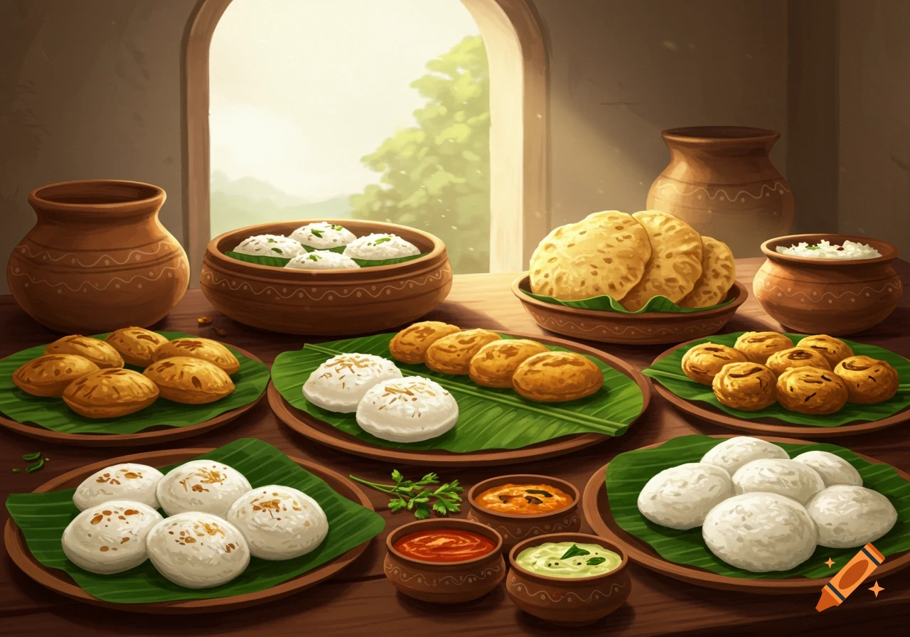 Vibrant illustration of traditional Indian snacks (pindi vantalu) on banana leaves and in clay pots on a wooden table.