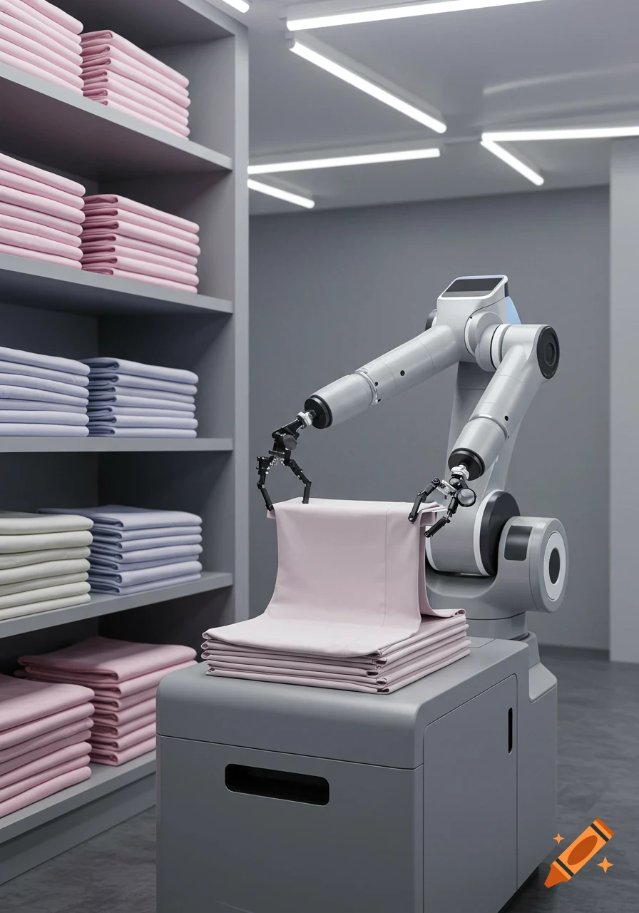 A robotic arm folds a light pink fabric on a grey table in a modern room with shelves of folded clothes.