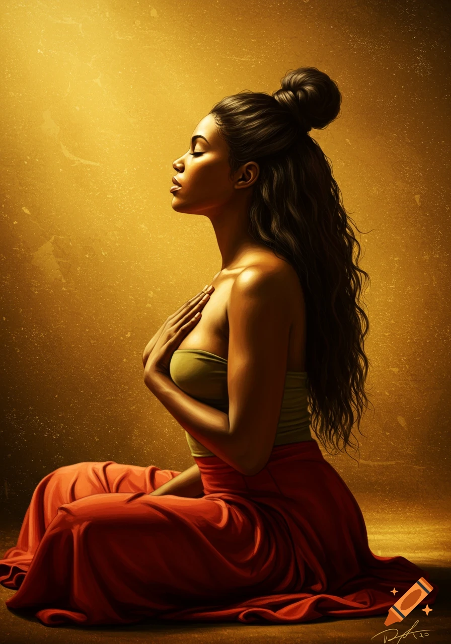Realistic oil painting of a woman with dark hair in a bun, meditating with eyes closed, wearing an olive top and red skirt against a golden background.