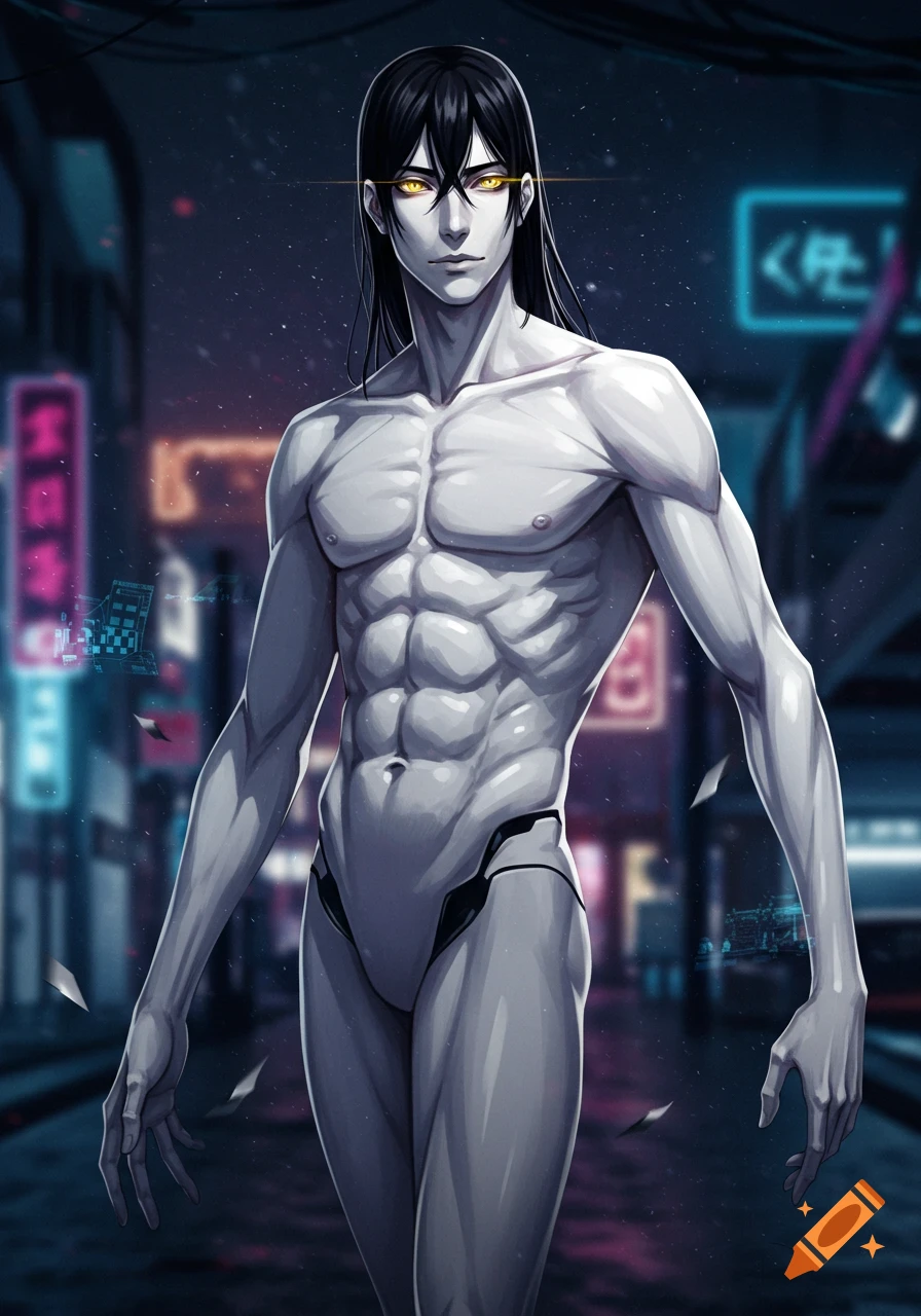 An anime-style full body illustration of a lean muscled cyborg man with black hair, glowing gold eyes, and plastic white skin, standing in a futuristic city at night with neon lights.