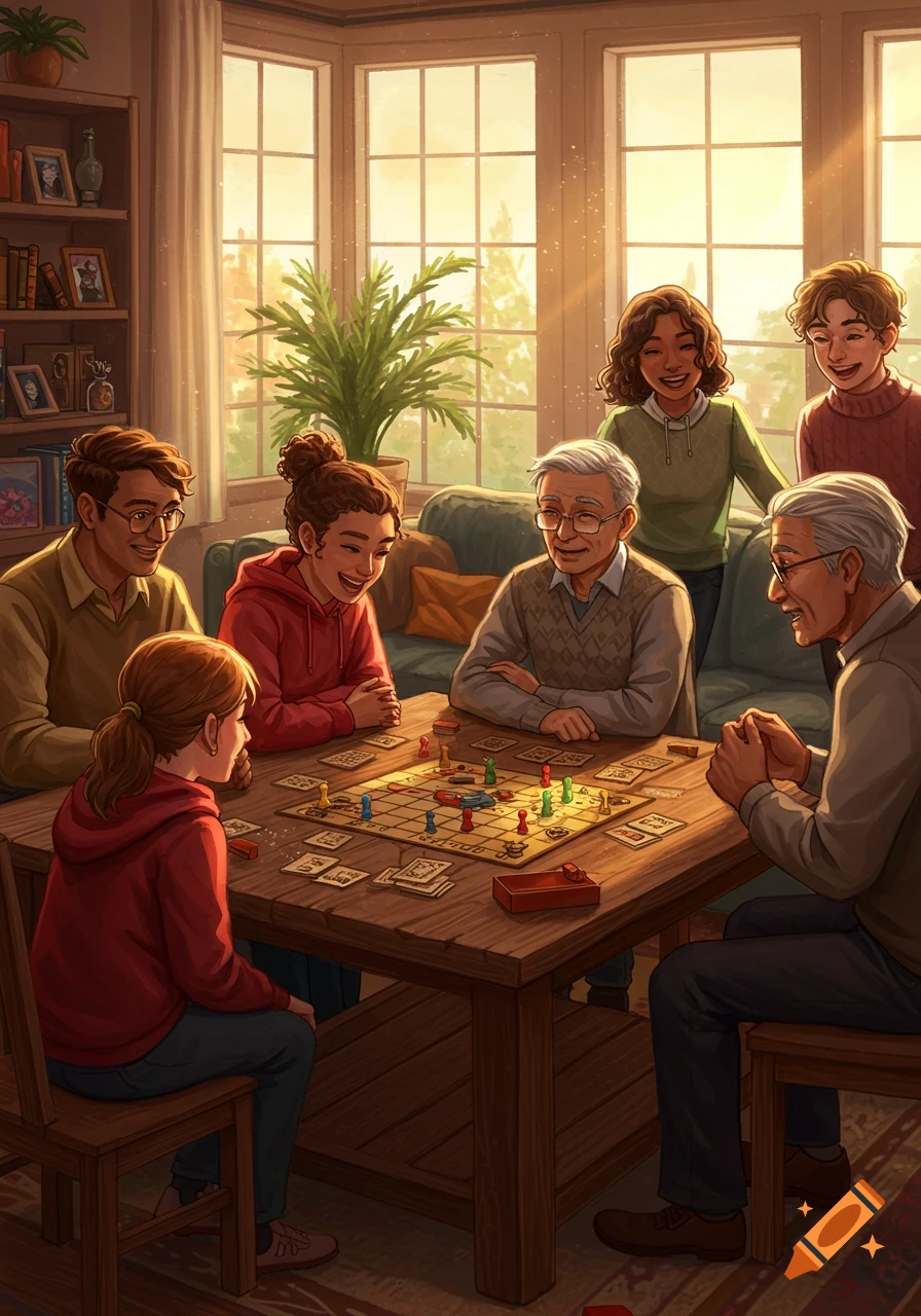 An illustrated family of seven, including children, adults, and seniors, happily playing a board game around a wooden table in a sunny room.