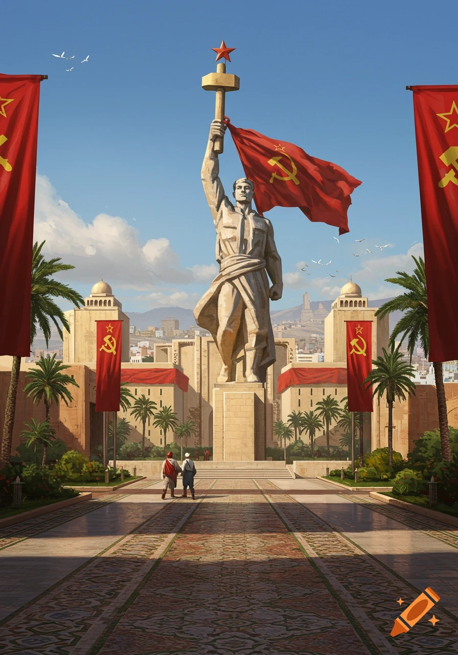 A massive statue of a man holding a torch with a hammer and sickle, and a large red communist flag, stands before grand, ornate buildings with palm trees under a blue sky.
