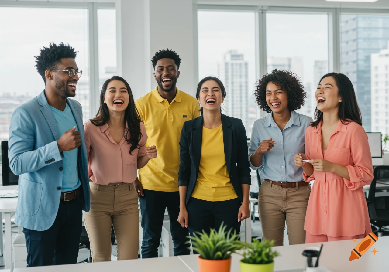 A diverse group of happy professionals laughing together in a modern, brightly lit office environment.