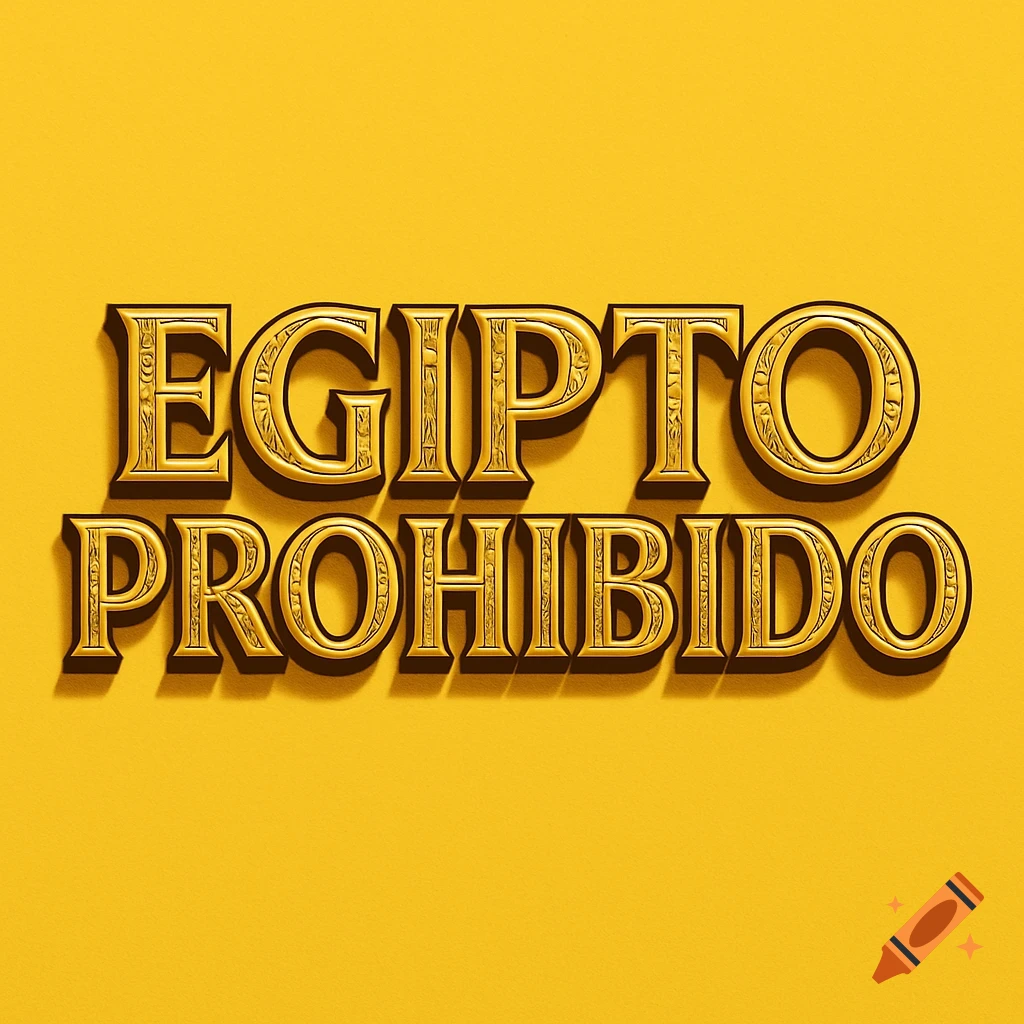 Golden, embossed text 'EGIPTO PROHIBIDO' with hieroglyphic patterns on a yellow background.