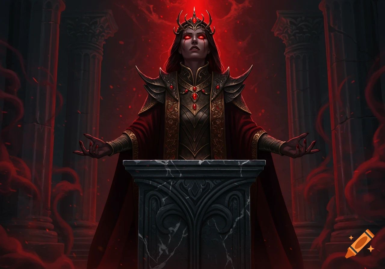 Dark fantasy high priestess with red burning eyes in ornate armor and ...