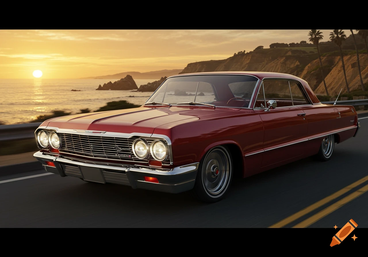 A red classic Chevy Impala drives on a coastal highway at sunset, with ocean and cliffs in the background.