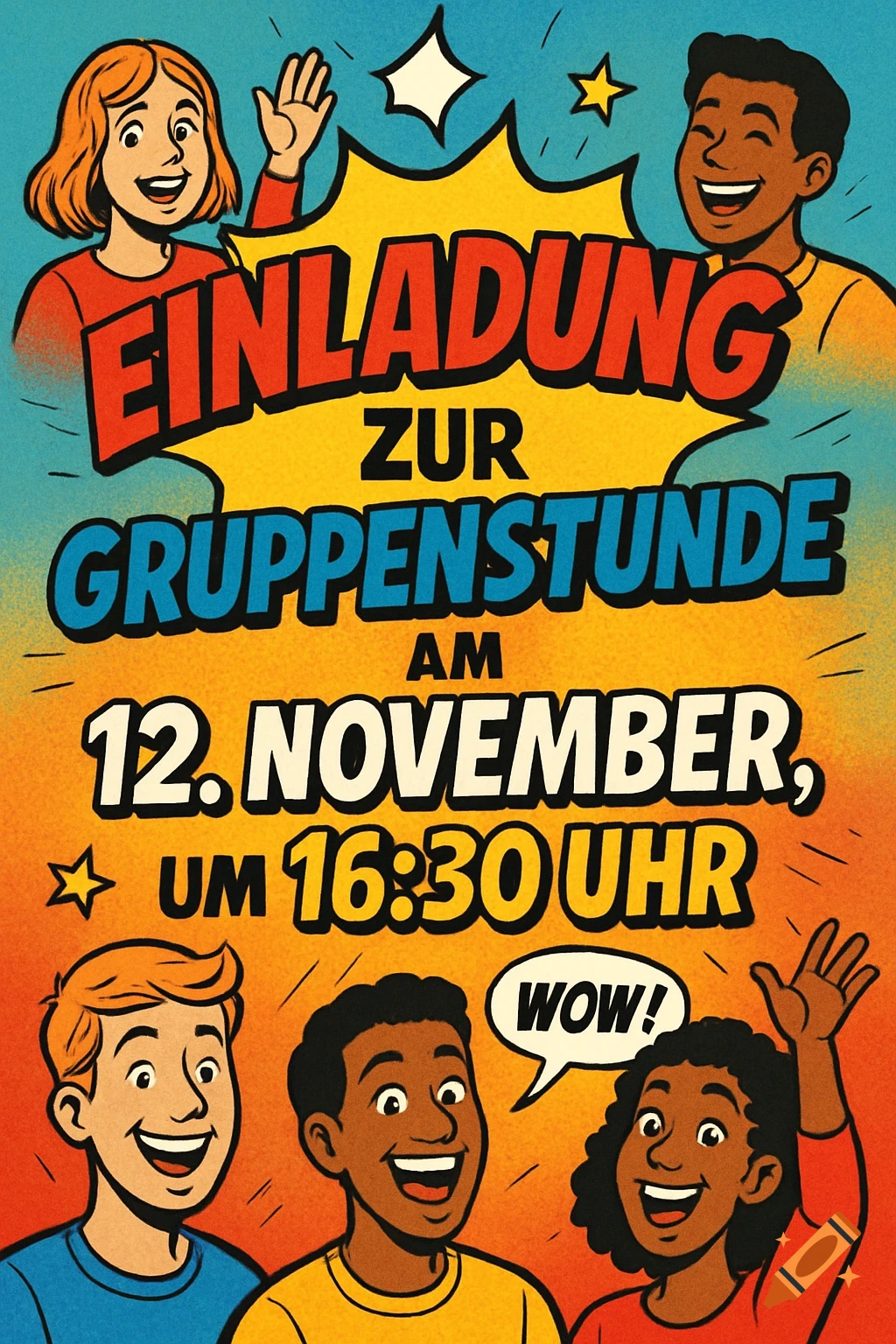 Vibrant comic-style invitation poster with diverse smiling children, announcing 'Einladung zur Gruppenstunde am 12. November, um 16:30 Uhr'.