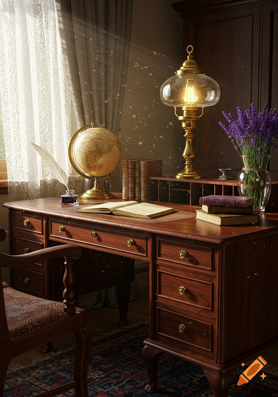 A sunlit antique wooden desk in a vintage study, featuring a globe, an open book, a quill, inkwell, a brass lamp, and a vase of lavender.