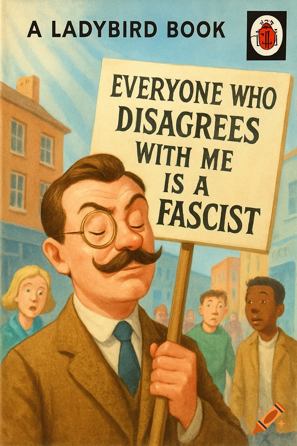 A man with a monocle and mustache holds a sign saying 'Everyone who disagrees with me is a fascist' on a Ladybird book cover illustration.