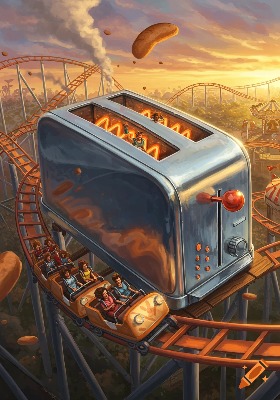 A giant silver toaster is part of a thrilling roller coaster ride, with people inside and in cars, under a sunset sky with flying bread.