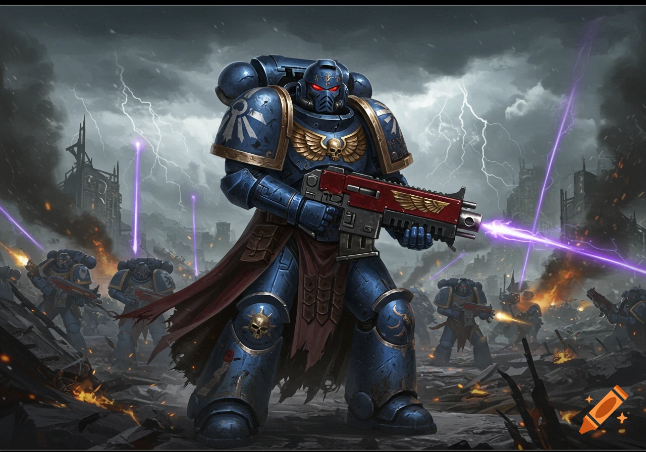 A detailed illustration of a Warhammer 40K Space Marine in blue power armor, holding a rifle, leading others in a ruined city under a stormy sky with lightning.