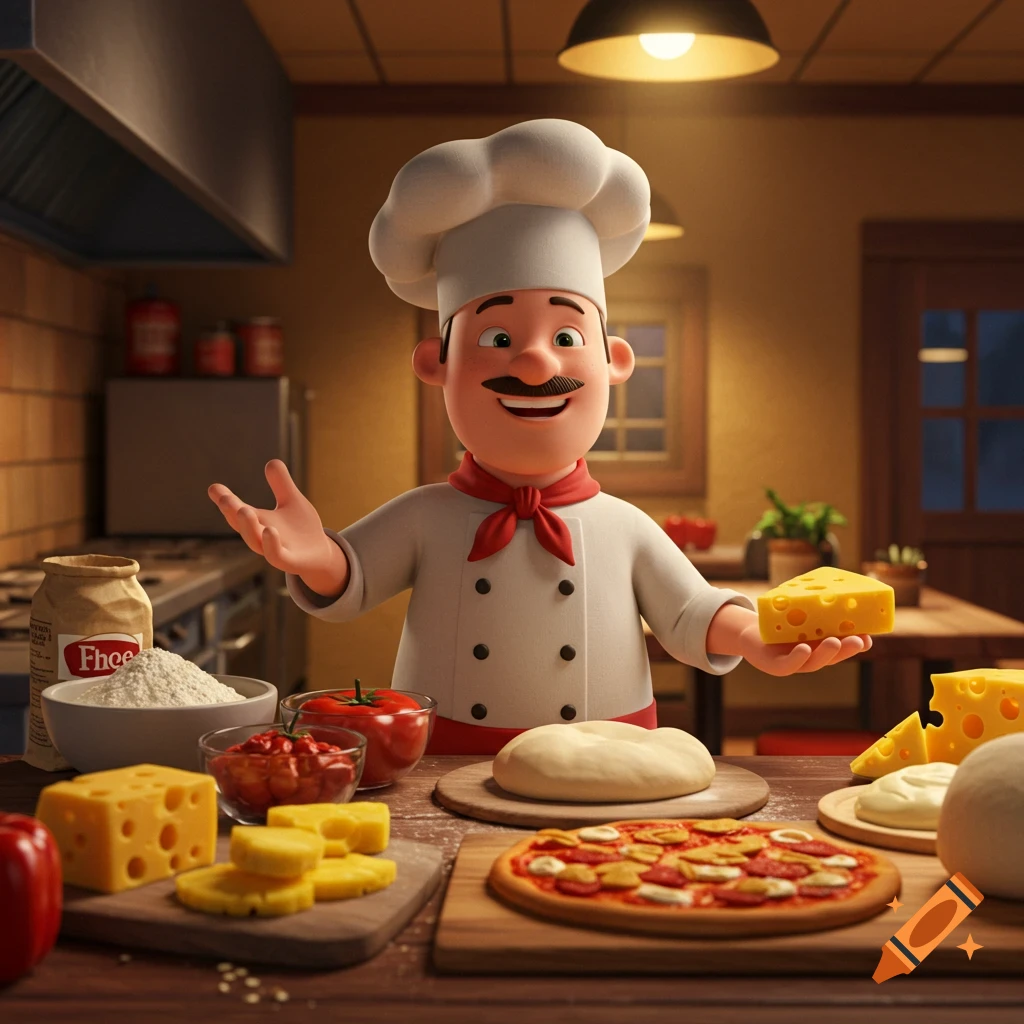A happy Pixar-style chef in a kitchen holds a piece of Swiss cheese, surrounded by pizza ingredients on a wooden counter.