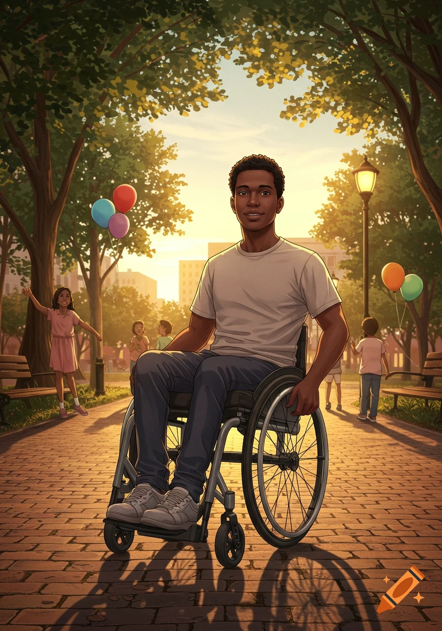 Illustrated portrait of a smiling Black man in a wheelchair on a park path at sunset, with children and trees in the background.