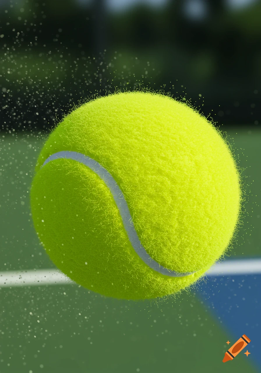 A vibrant yellow-green tennis ball appears to be in motion, with small particles scattering around it against a blurred tennis court background.