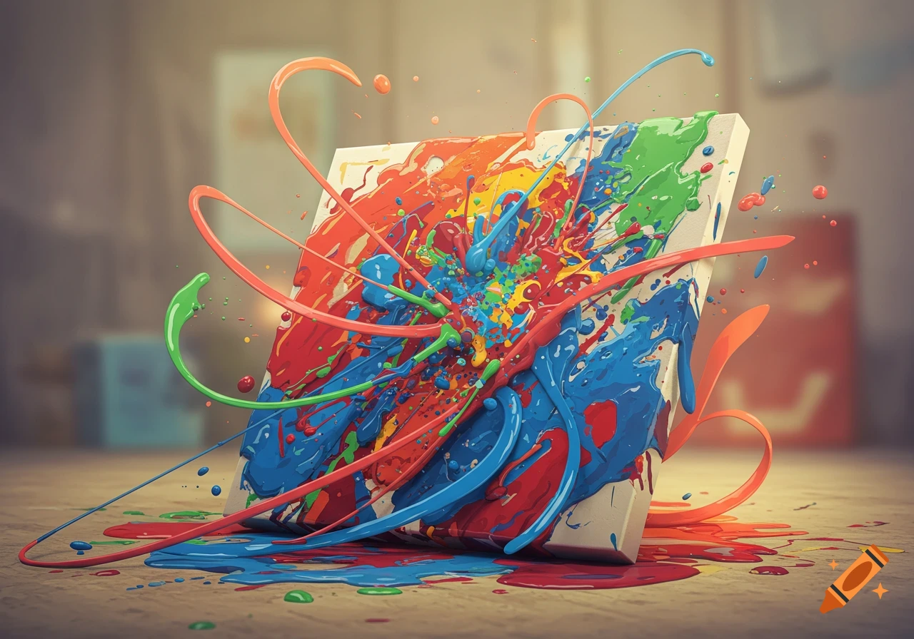 Digital illustration of a white canvas splattered with vibrant red, blue, green, and orange paint, with streaks and drips, on a wooden surface.
