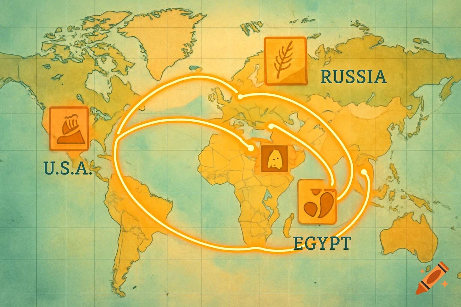 A vintage-style world map showing routes between the U.S.A., Russia, and Egypt, with icons over regions.