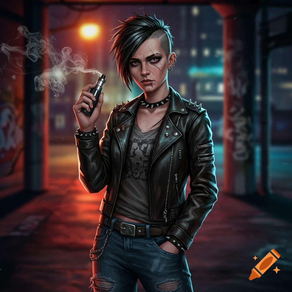 A digital art illustration of a punk-style girl with short dark hair, wearing a leather jacket and ripped jeans, vaping in an urban alleyway.