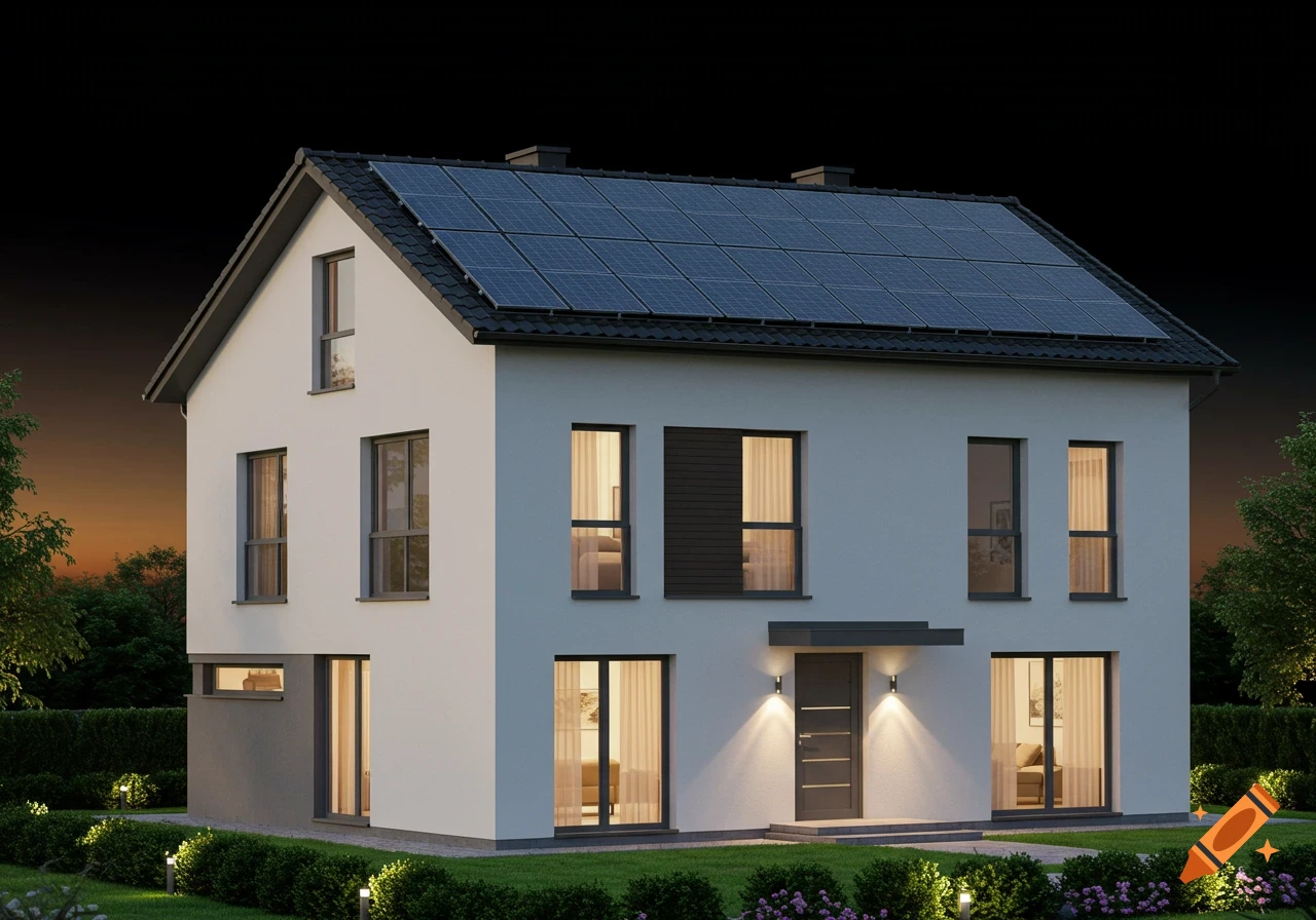 Photorealistic modern two-story house with solar panels on a dark roof, white walls, and illuminated windows, set in a green lawn at dusk.