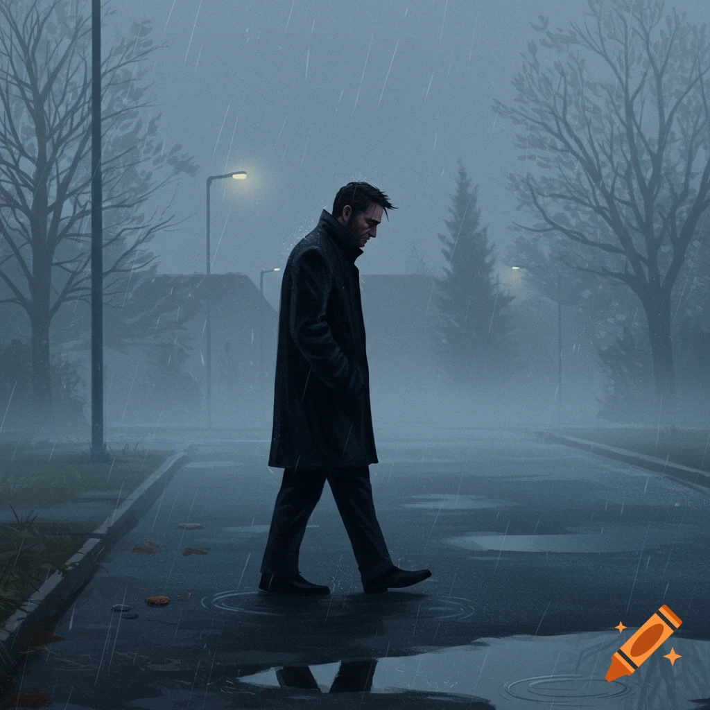 A man in a dark coat walks alone down a wet street in the rain at night, looking sad, with streetlights in the background.