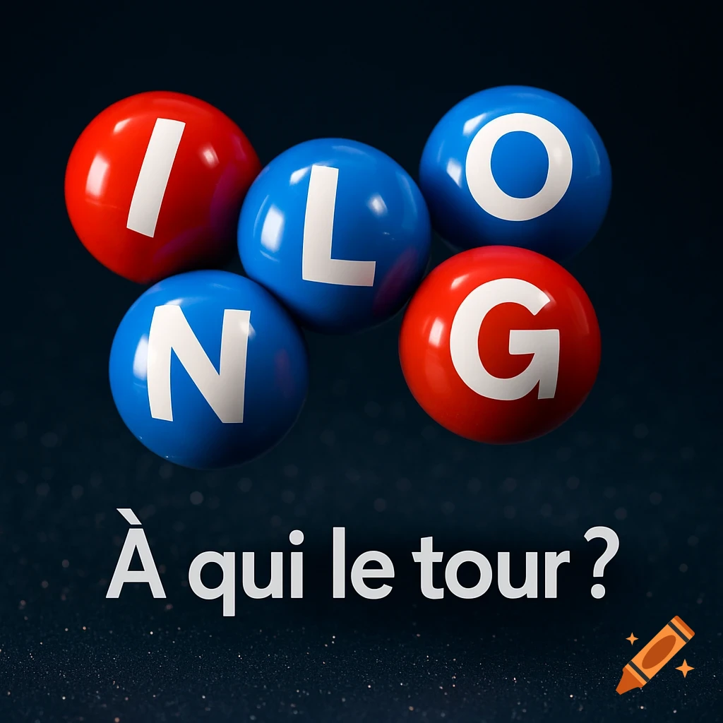 Five glossy red and blue lottery balls with white letters I, L, N, O, G, above French text 'À qui le tour?' on a dark background.