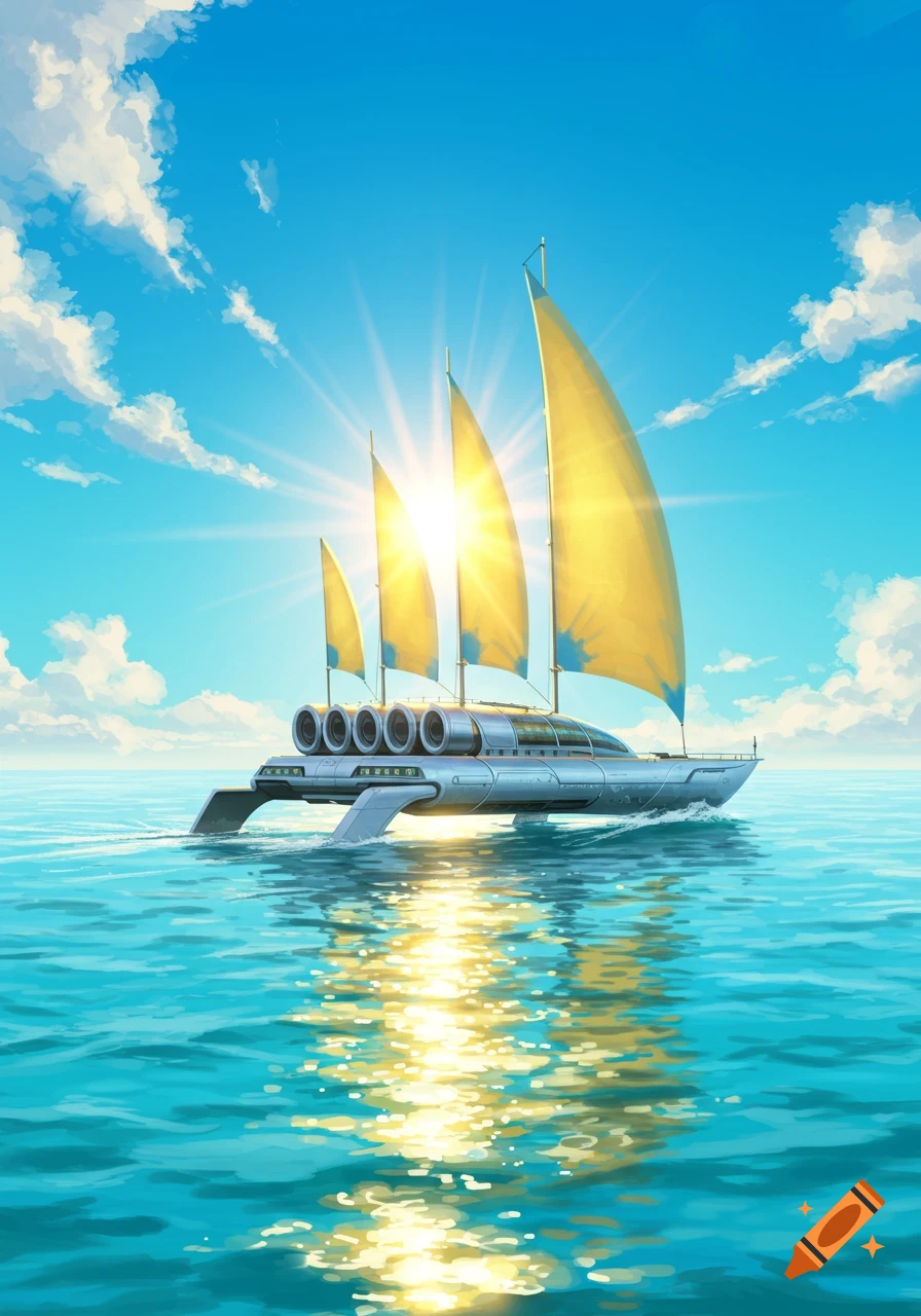 A futuristic boat with yellow sails and cylindrical engines cruises on a bright blue sea under a sunny sky, digitally painted.