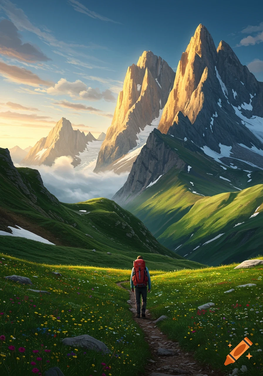 A hiker with a red backpack walks on a path through a vibrant green meadow towards majestic, sunlit, snow-capped mountains under a blue sky.