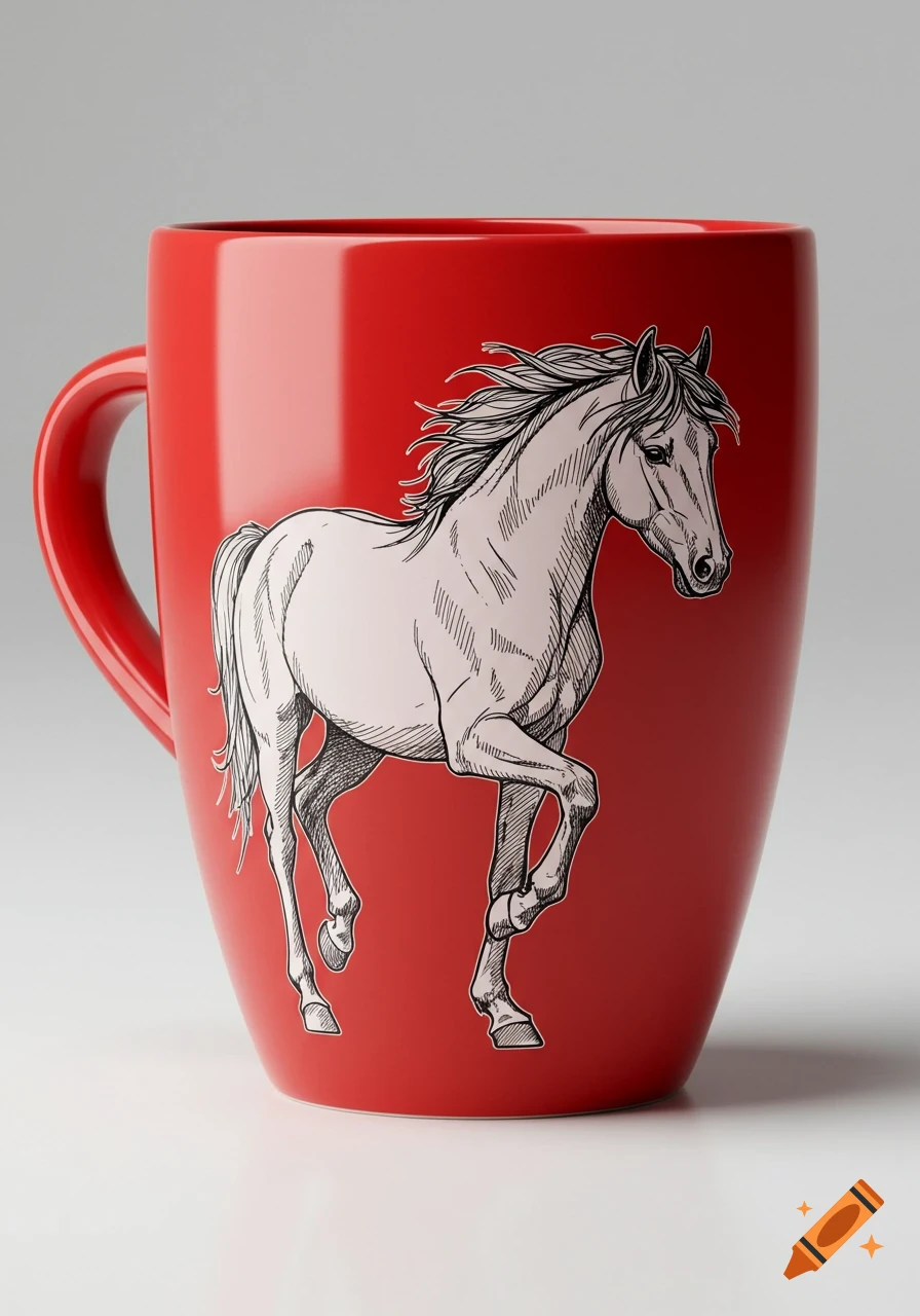 A red ceramic mug with a black and white sketch of a horse on its side.