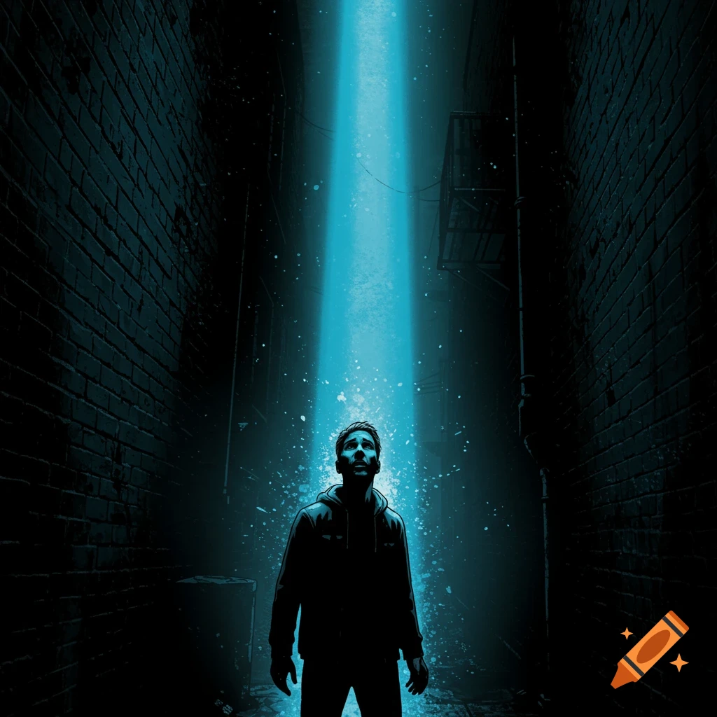 A man in a hoodie stands in a dark alley, looking up at a bright blue beam of light shining down. Comic book art style.