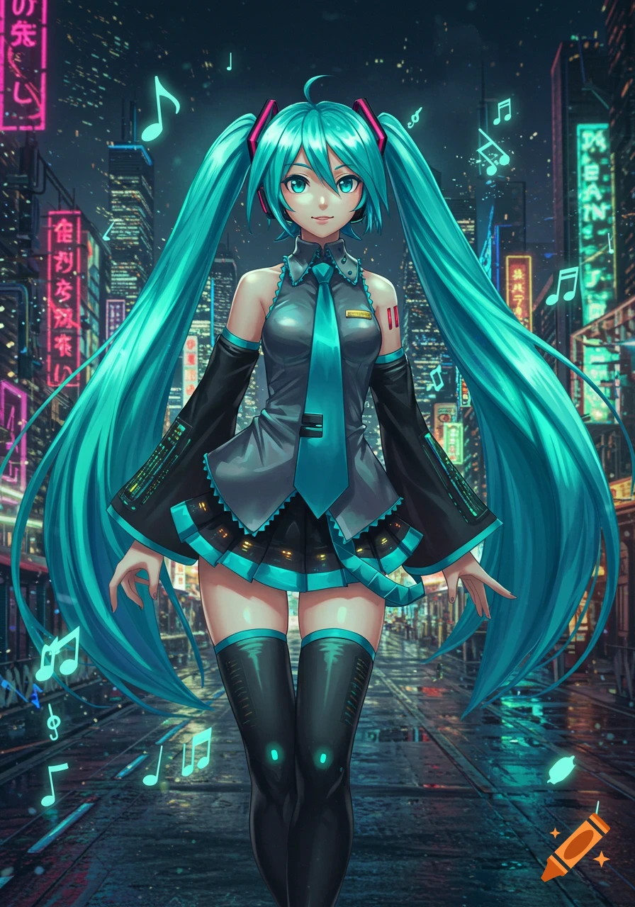 Anime girl Hatsune Miku with long teal pigtails and a dark uniform stands in a futuristic cyberpunk city at night with neon lights and floating musical notes.