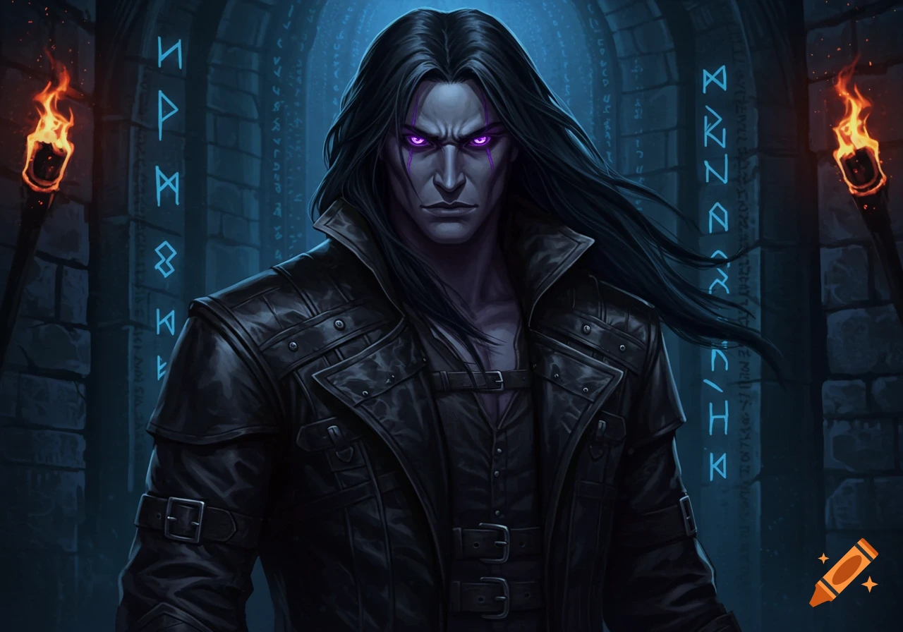 A dark fantasy male character with long black hair, glowing purple eyes, and a black leather trench coat stands in a torchlit stone corridor with glowing runes.