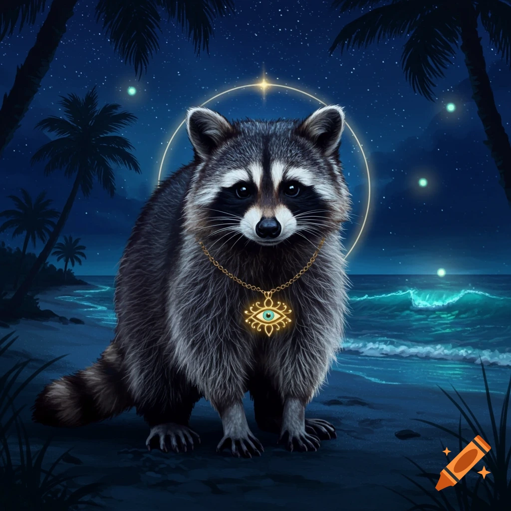 A mystical raccoon wearing a golden evil eye necklace stands on a dark beach at night, with palm trees, glowing ocean waves, and stars in the background.
